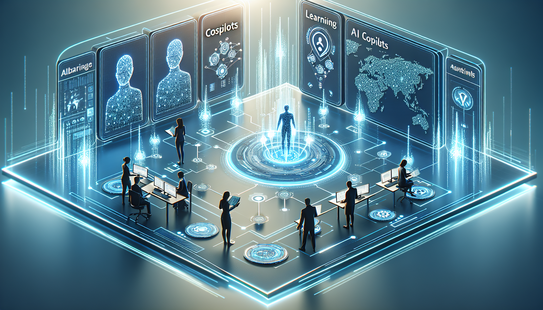 Abstract illustration of an AI-assisted enterprise learning ecosystem with holographic panels and connected data nodes, blue-gray palette with teal accents, no faces, no text.