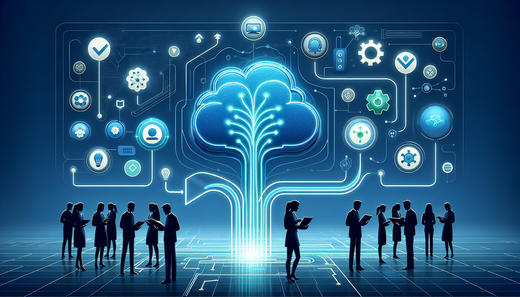 Abstract silhouettes around a glowing blue and teal skill graph forming adaptive pathways, symbolizing a learning ecosystem in corporate training, with clean gradients and minimalistic tech interfaces