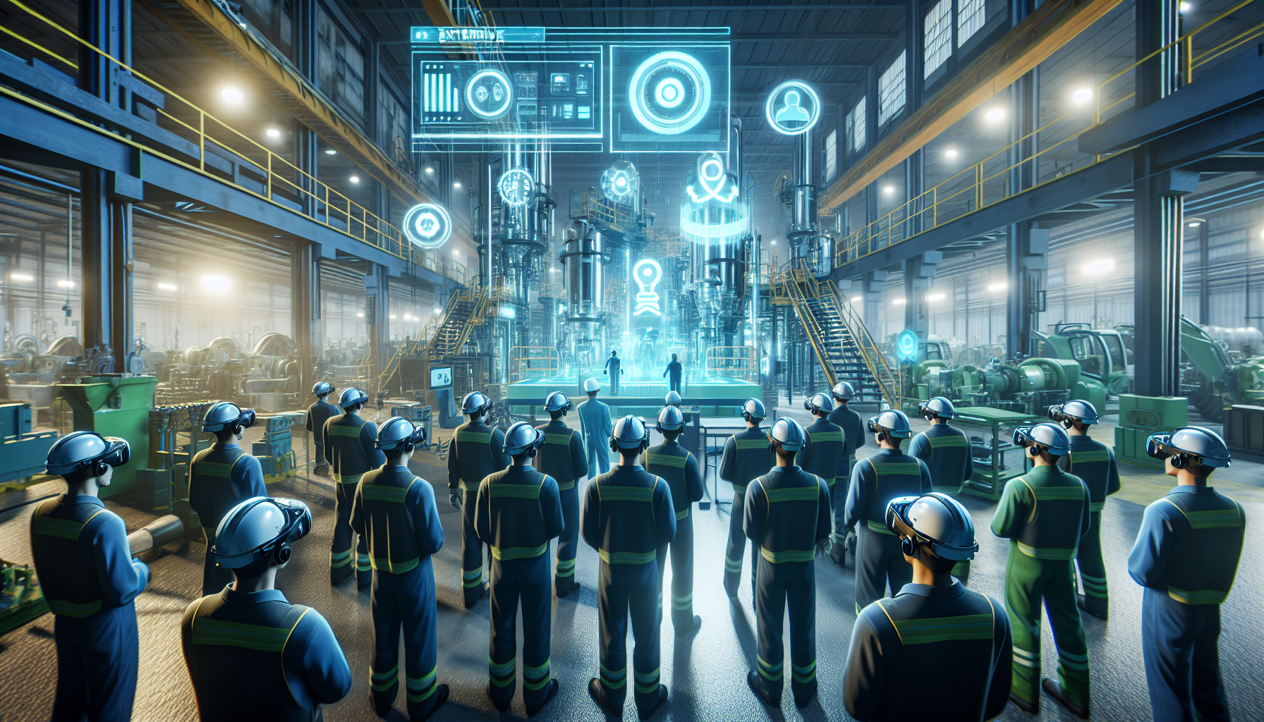 Photorealistic image of workers in PPE wearing VR headsets in an industrial training area with holographic interfaces and factory background, faces obscured, blue-teal-gray color palette